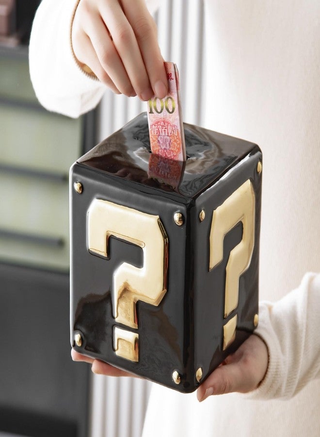 Yundu Ceramic Piggy Bank for Adults & Kids - Square Money Box for Cash Saving, Coin Bank with Golden Question Mark Design for Boys & Girls (Black Color) - Image 4